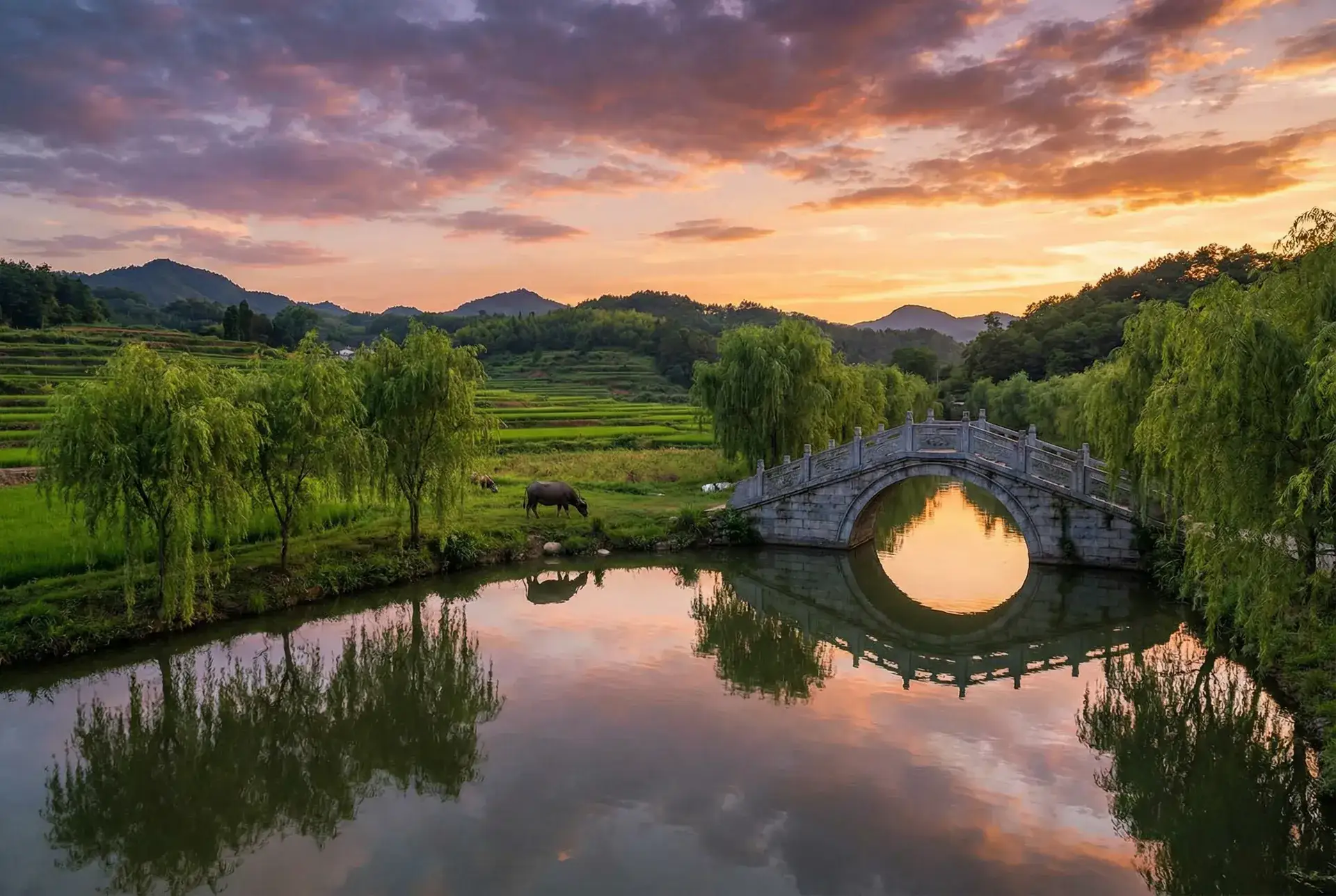 夕阳下的石拱桥与垂柳，水牛在河边吃草 - XFBAPP幸福宝官网在线打开 乡村美景